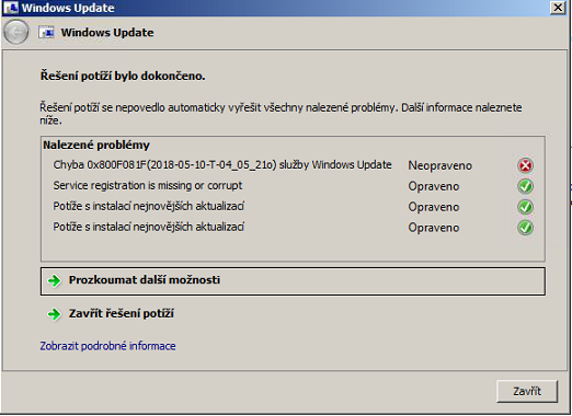 vysledek po spusteni  WindowsUpdate.diagcab